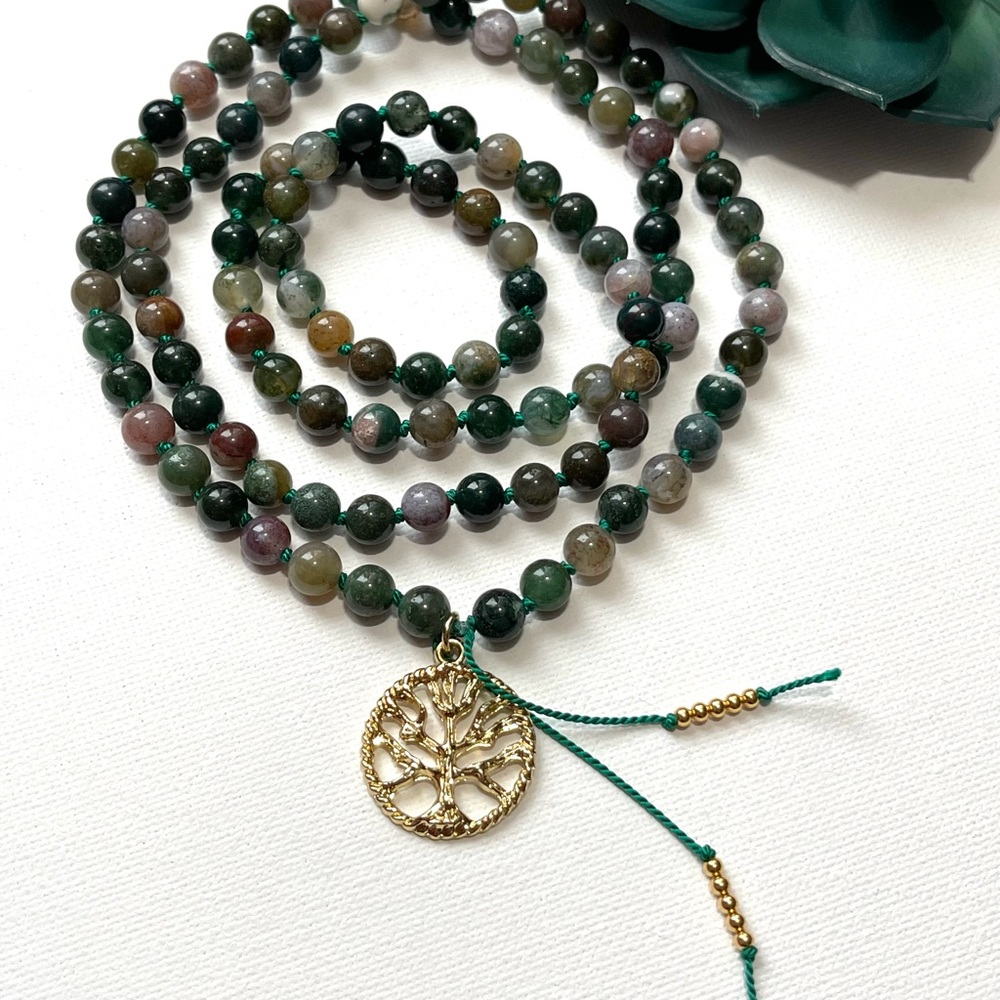 NWT Tree Of Life Hand-Knotted Mala Beads Necklace 108 With Indian Agate 6mm